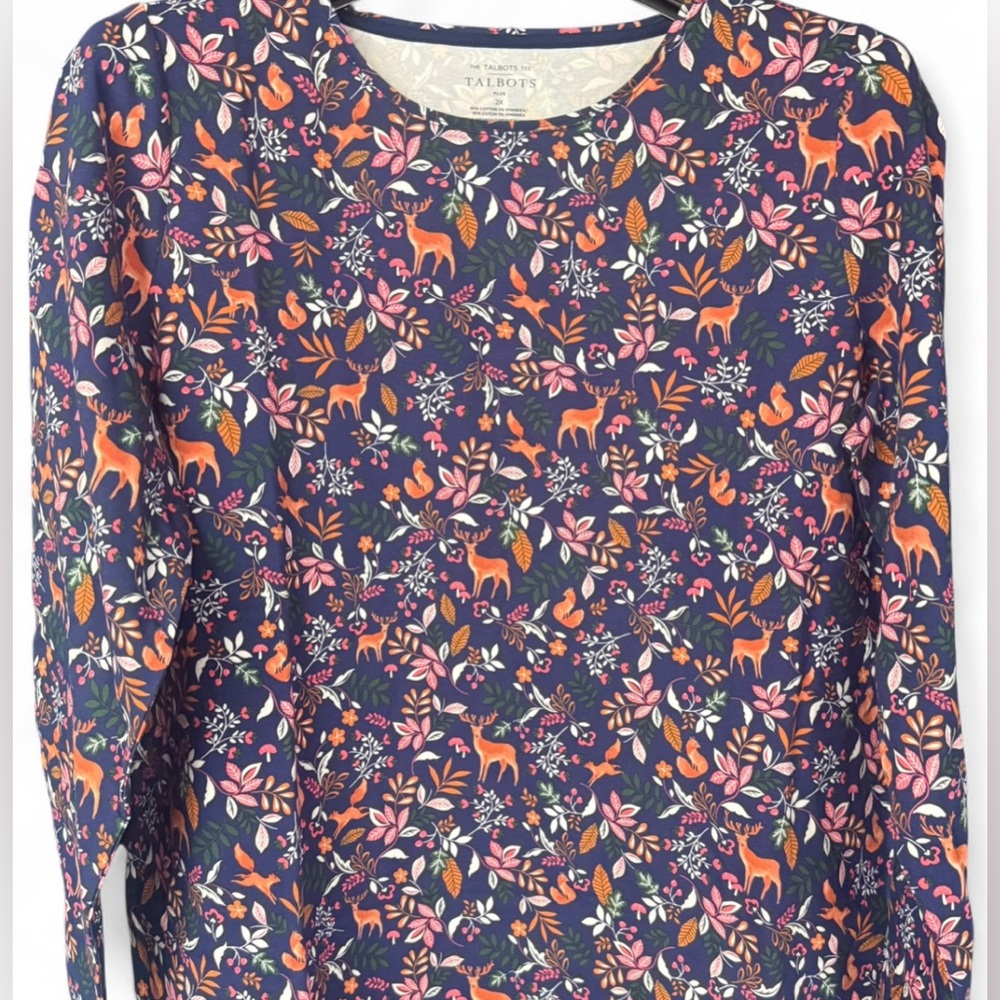 Talbots Navy Multicolor Woodland Print Top